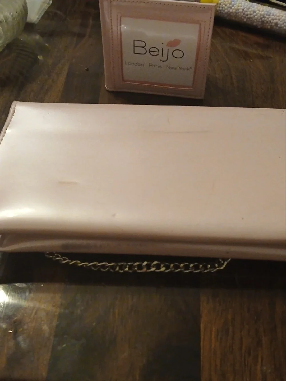 Beijo Blush Patent Leather Clutch with Silver Chain
